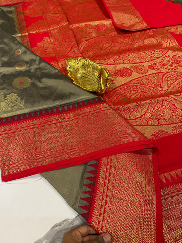 SN-35 Semi narayanpet grey and red border saree