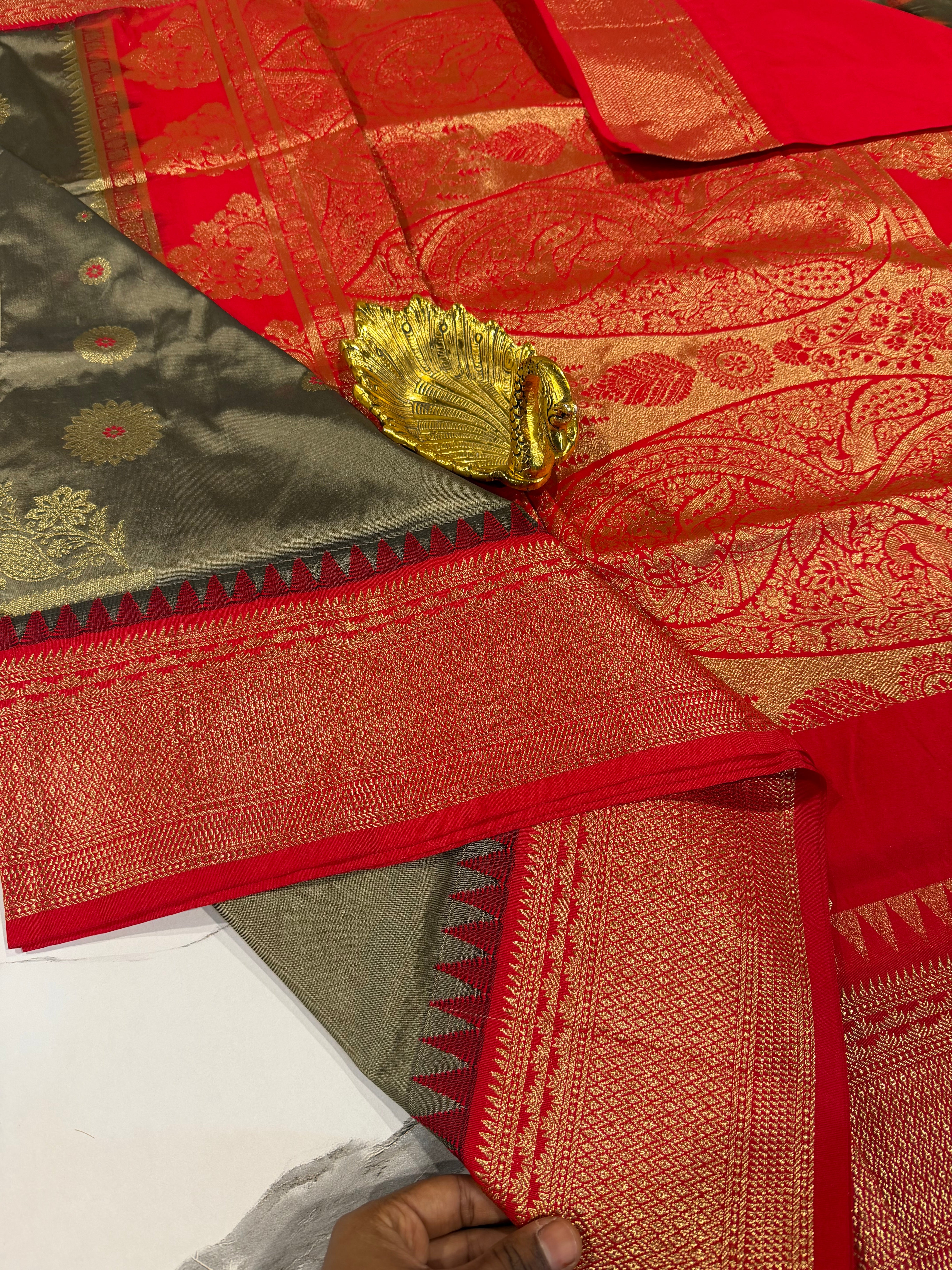 SN-35 Semi narayanpet grey and red border saree