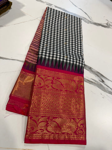 SGC-2500 Madras checks gadwal Black n pink border saree