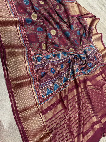 Mc2499 Maroonish wine Saree Ajrak Mull cotton