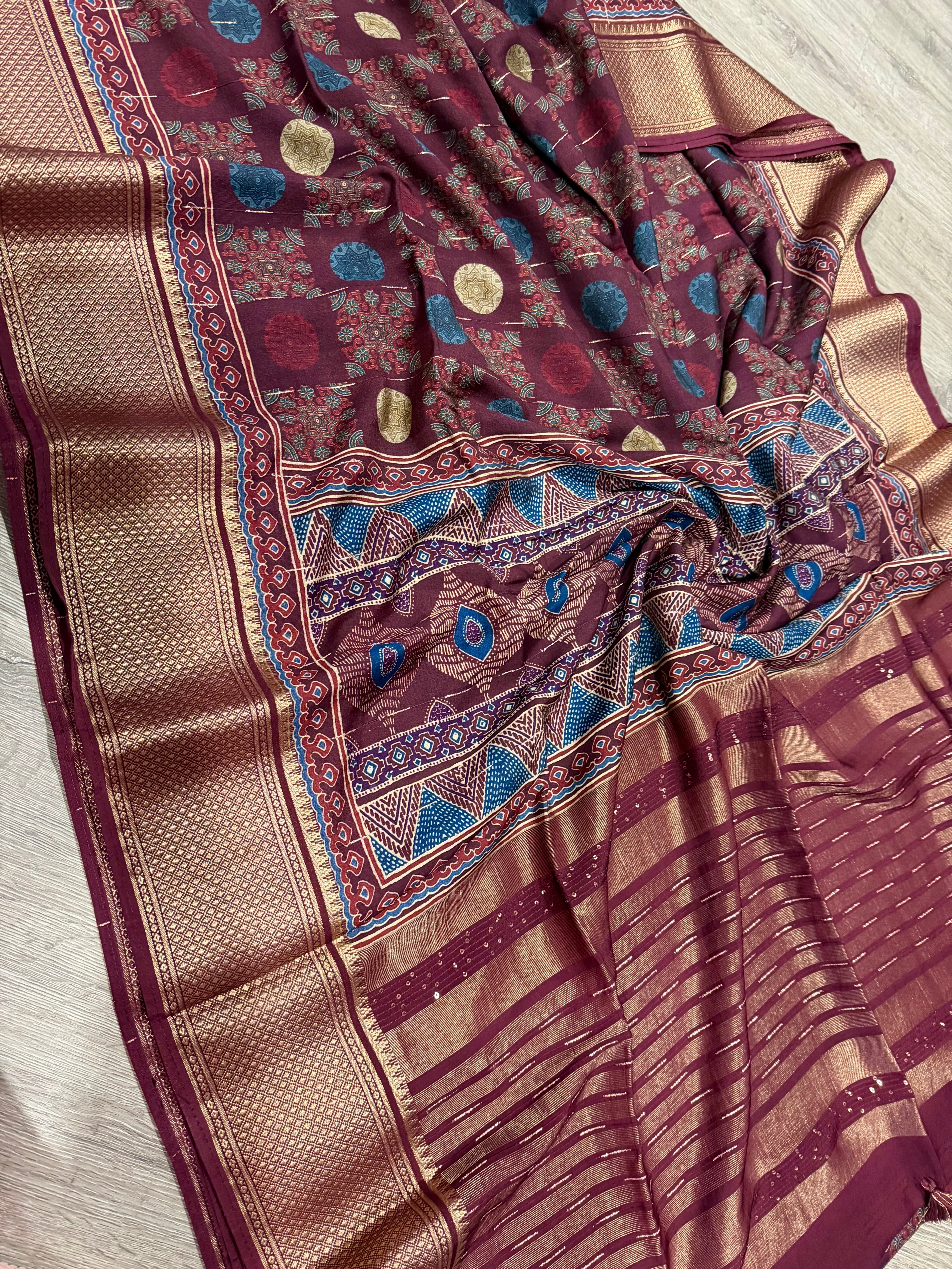 Mc2499 Maroonish wine Saree Ajrak Mull cotton