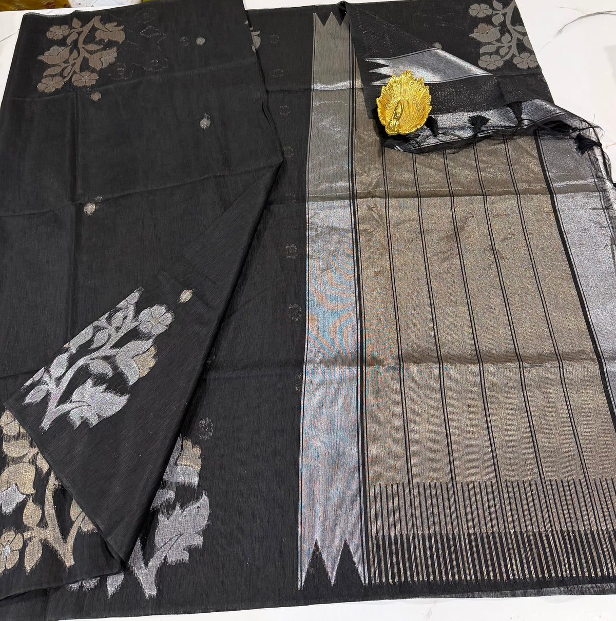 TL-1550 Black colour Linen jamdani floral saree