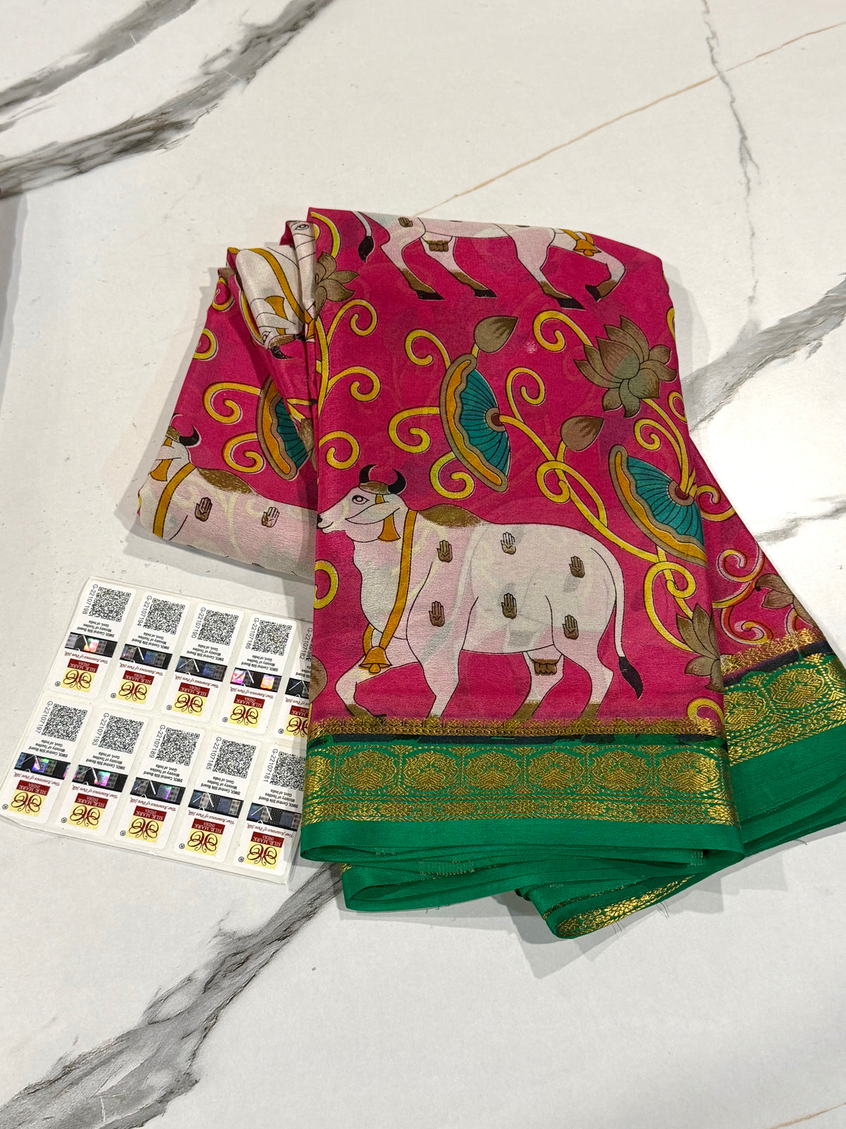 MV-6900 Pink n green colour Mysore pure crepe saree