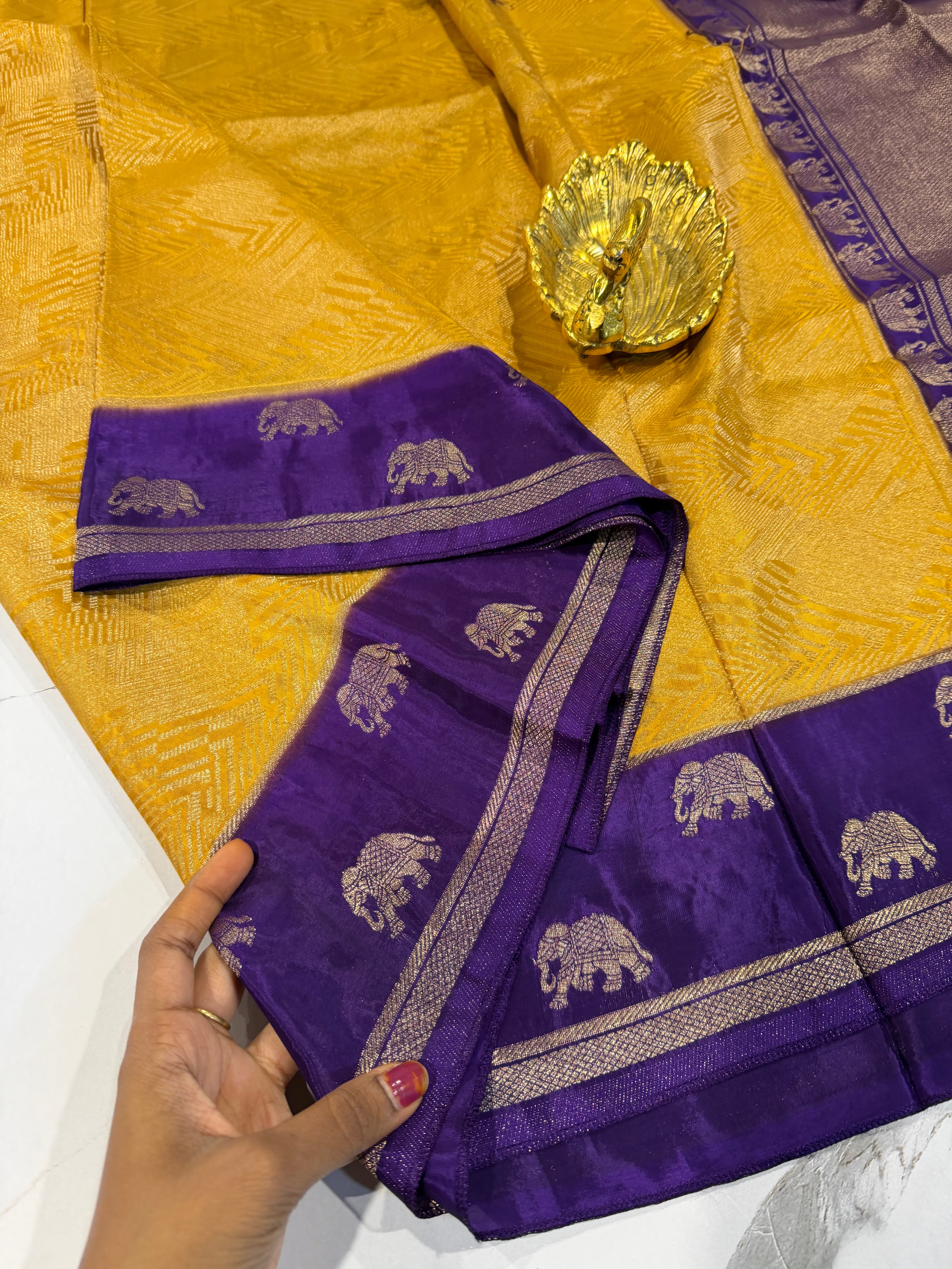 KW-2549  mustard yellow n violet border saree Kanchi green mango