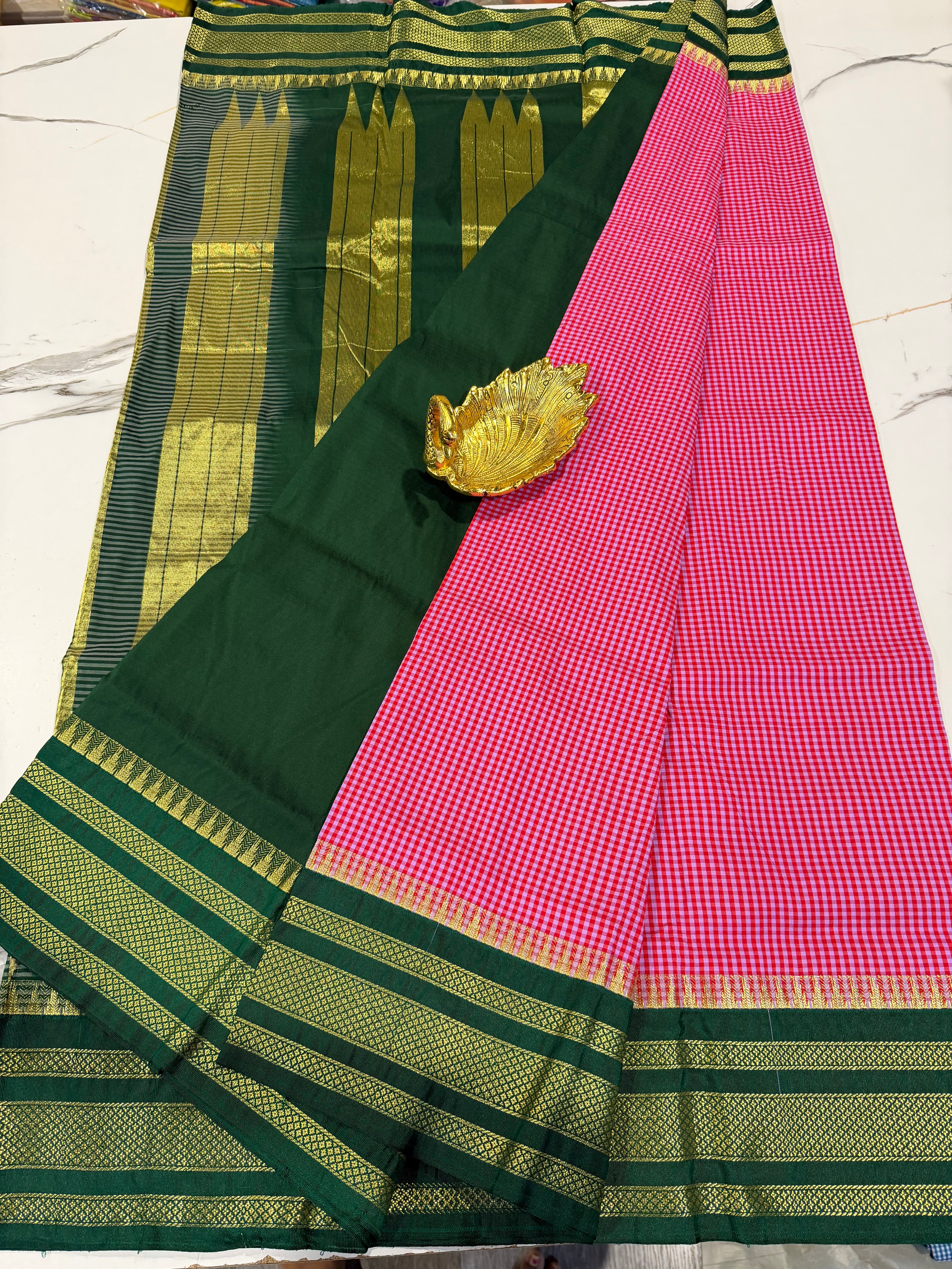 LD-N22 narayanape lavender n red checks and dark green border saree