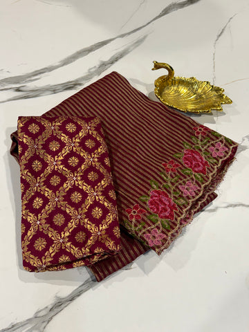 LD-T15 Banaras tissue Pettit saree Marron