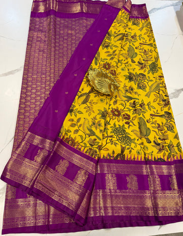 SGK-2997 yellow n purple gadwal Kalamkari saree