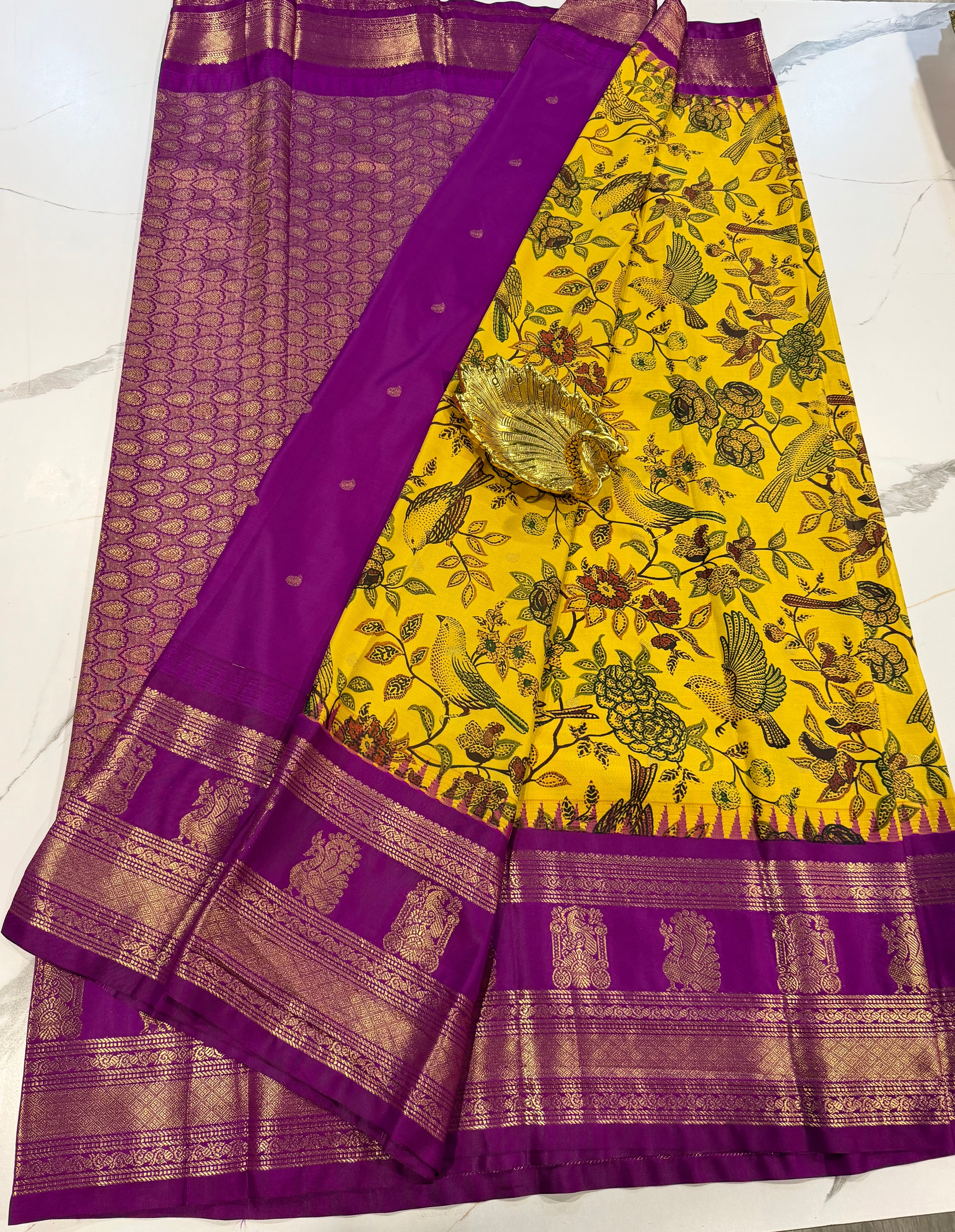 SGK-2997 yellow n purple gadwal Kalamkari saree