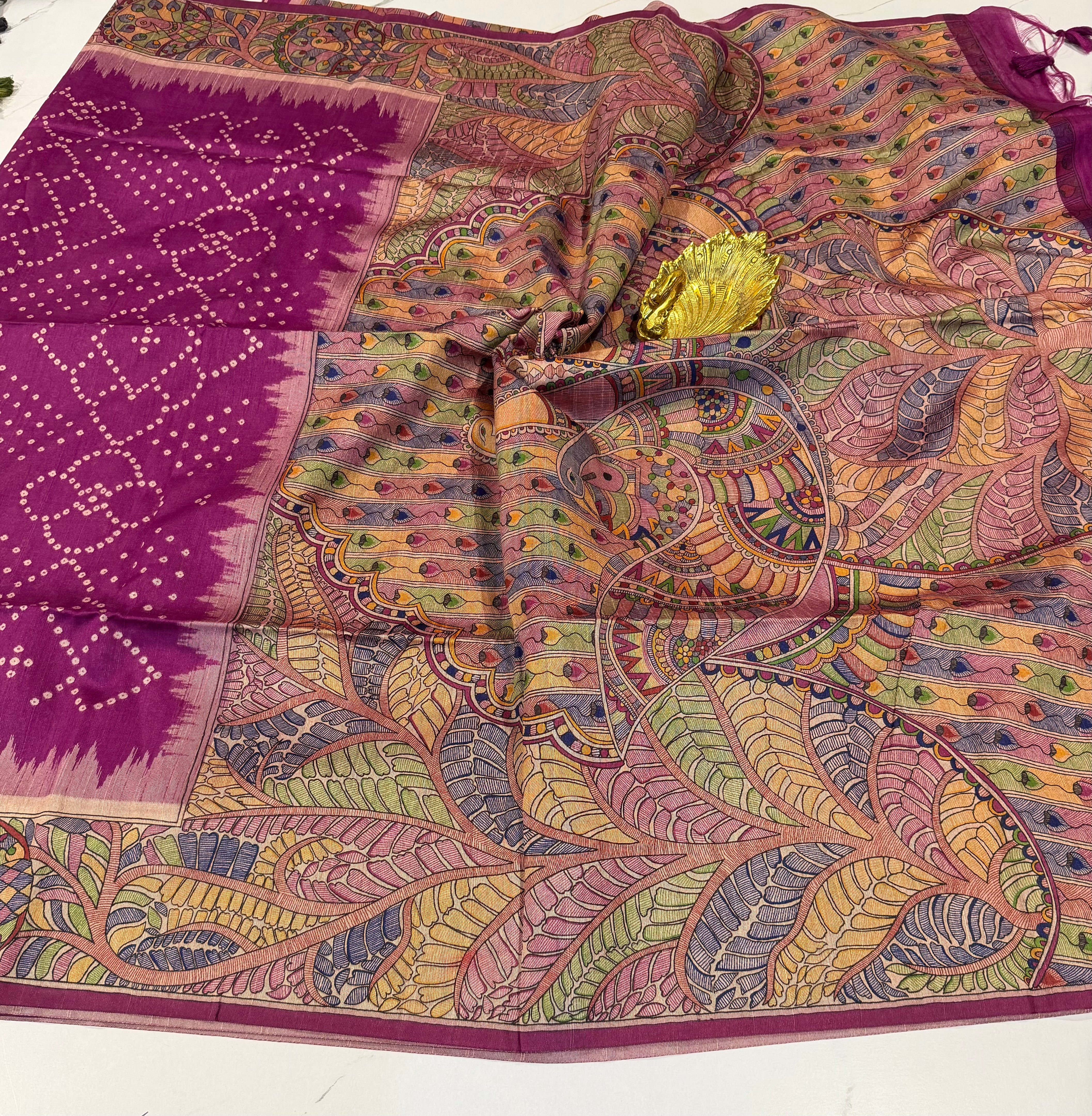 TM-9 purple saree Tussar Bhandij