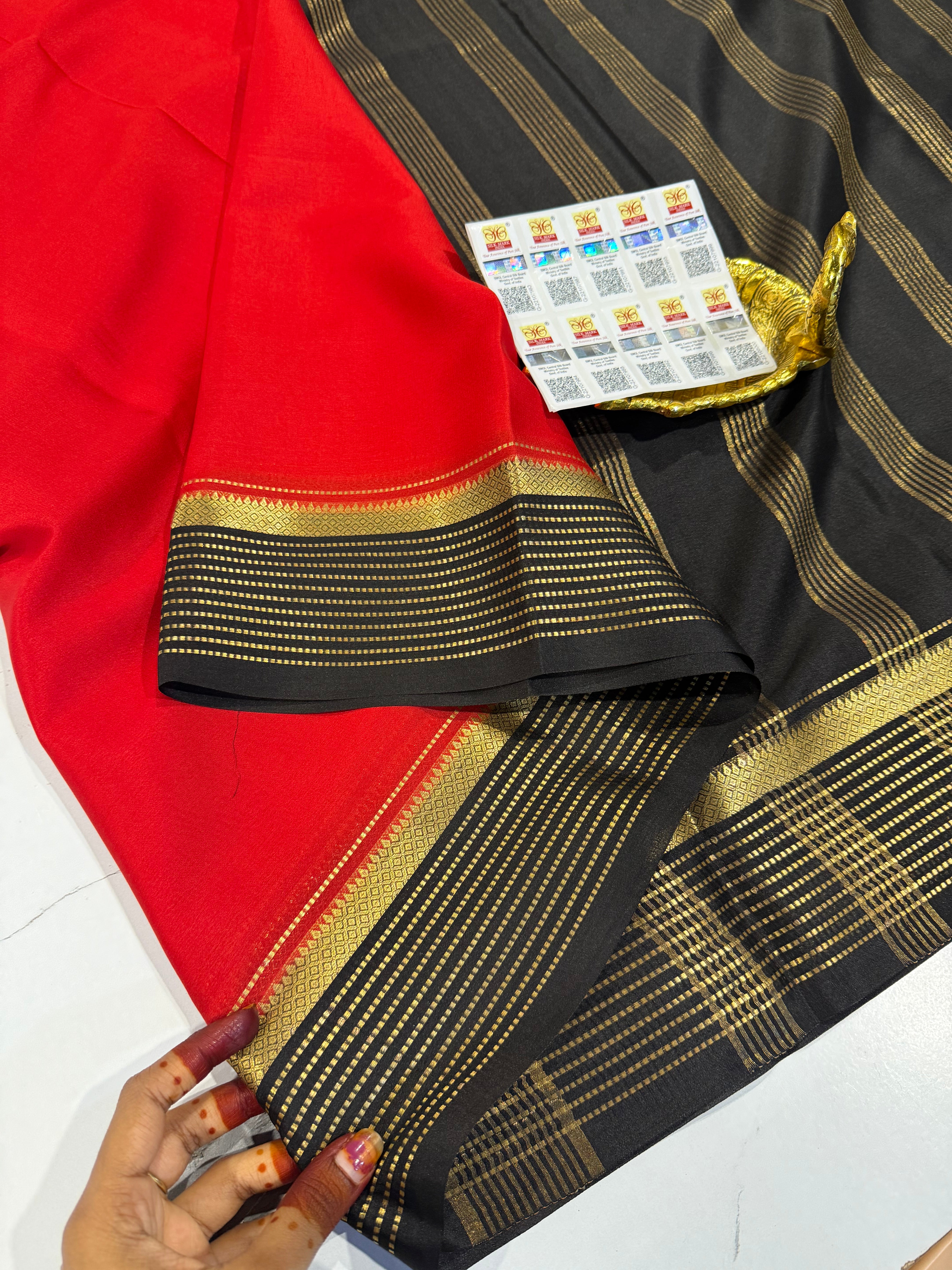 PM-5700 Red and Black colour border Mysore crepe silk saree