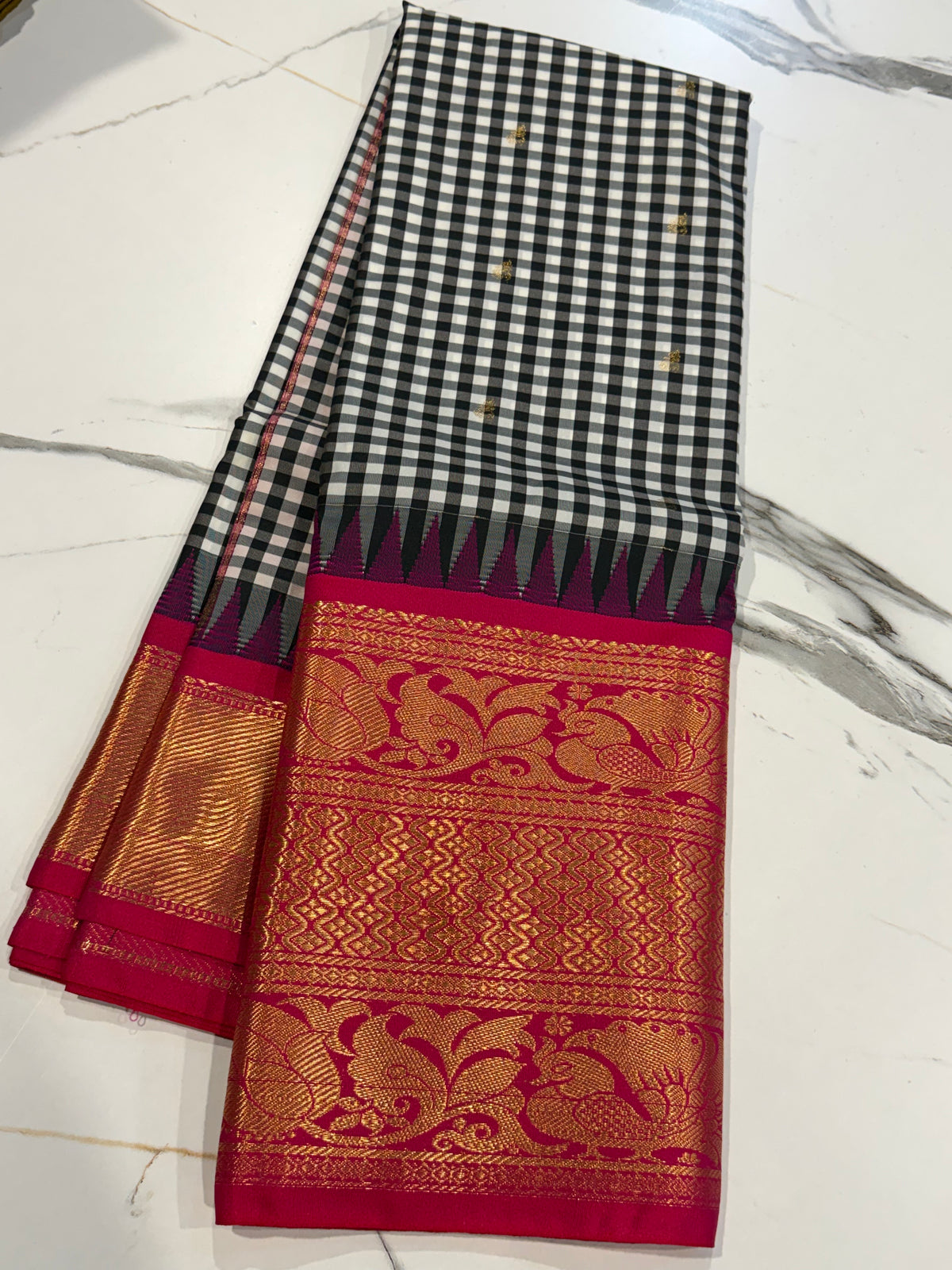SGC-2500 Madras checks gadwal Black  n pink border saree