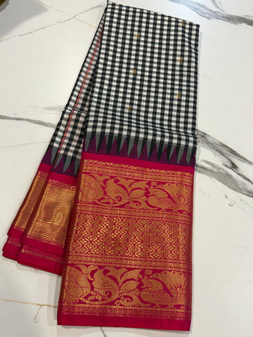 SGC-2500 Madras checks gadwal Black  n pink border saree