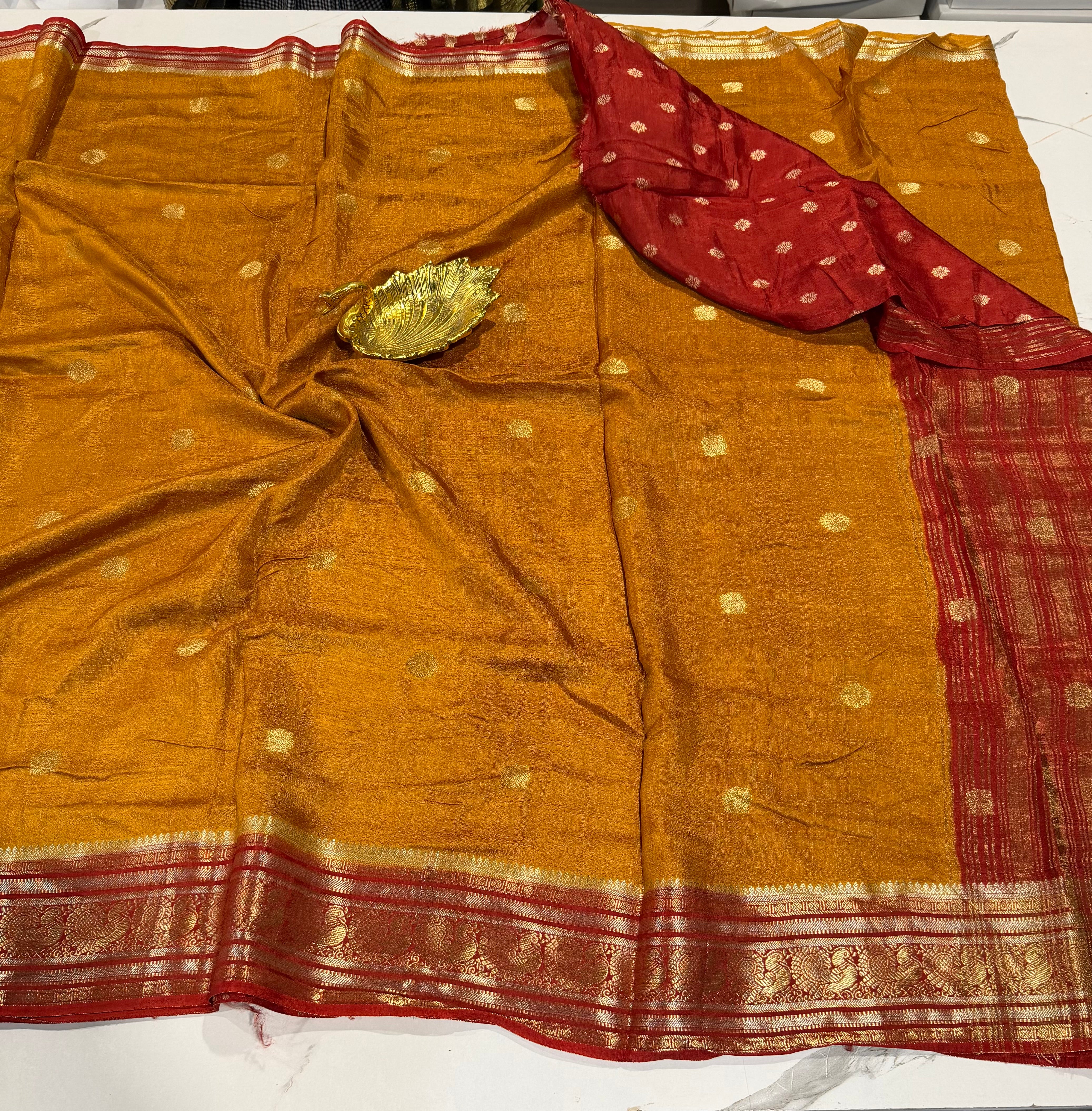 KJC3- Mustured n Red -Kanchi Jute Crepe Saree