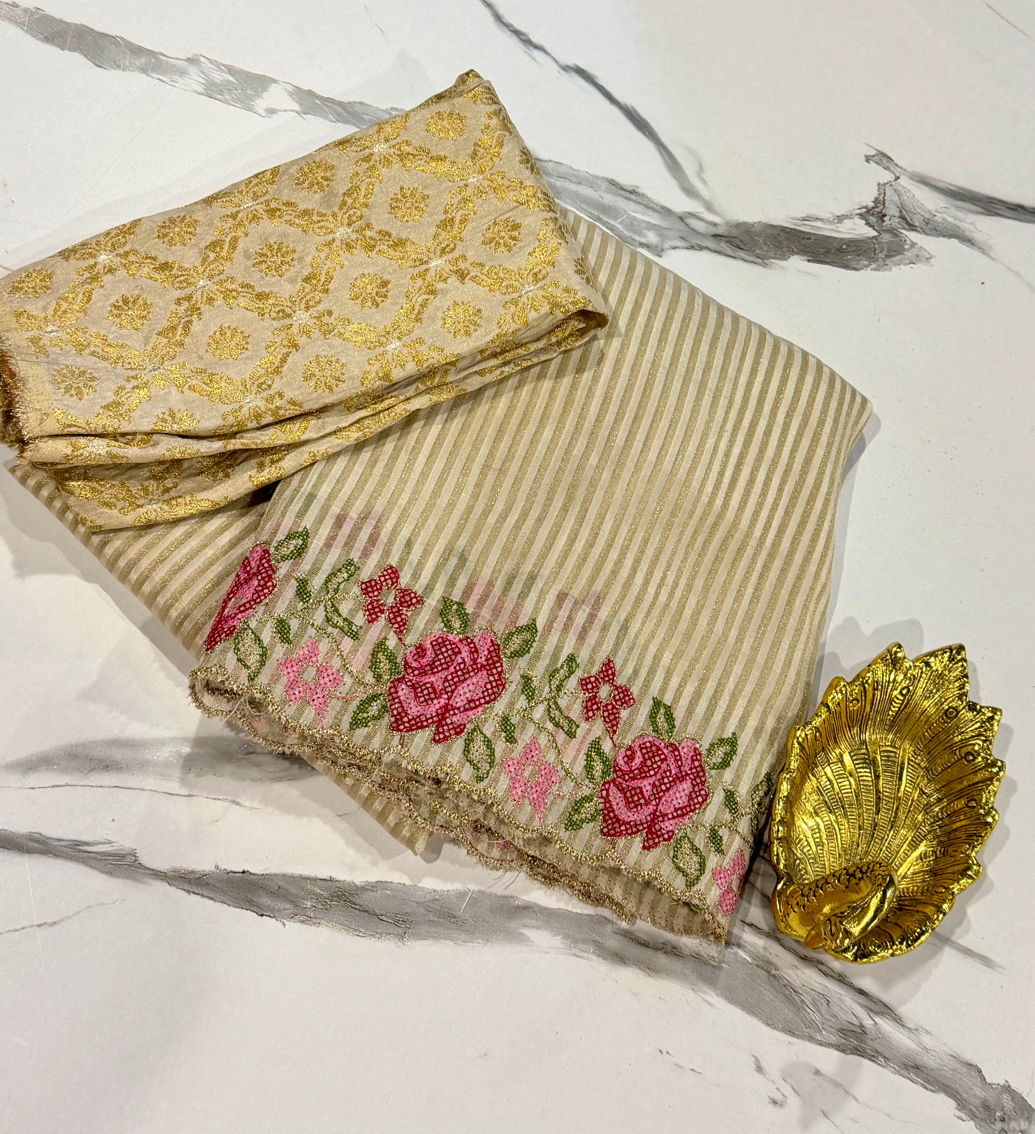 LD-T15 Banaras tissue Pettit saree Cream