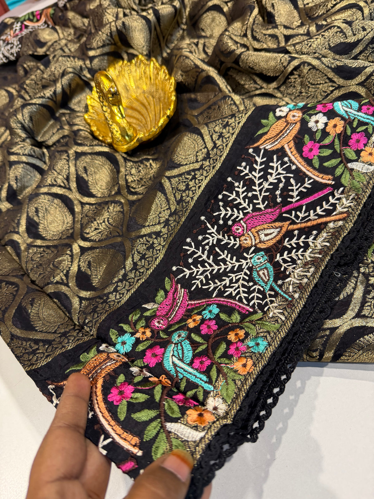 PH-3499 Black Banaras katan Pettit work saree