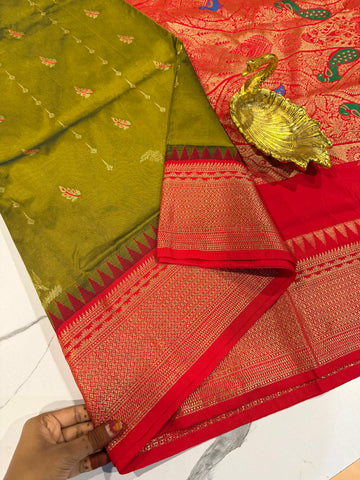 LD-NL35 semi narayanpet pattu olive green and red border saree