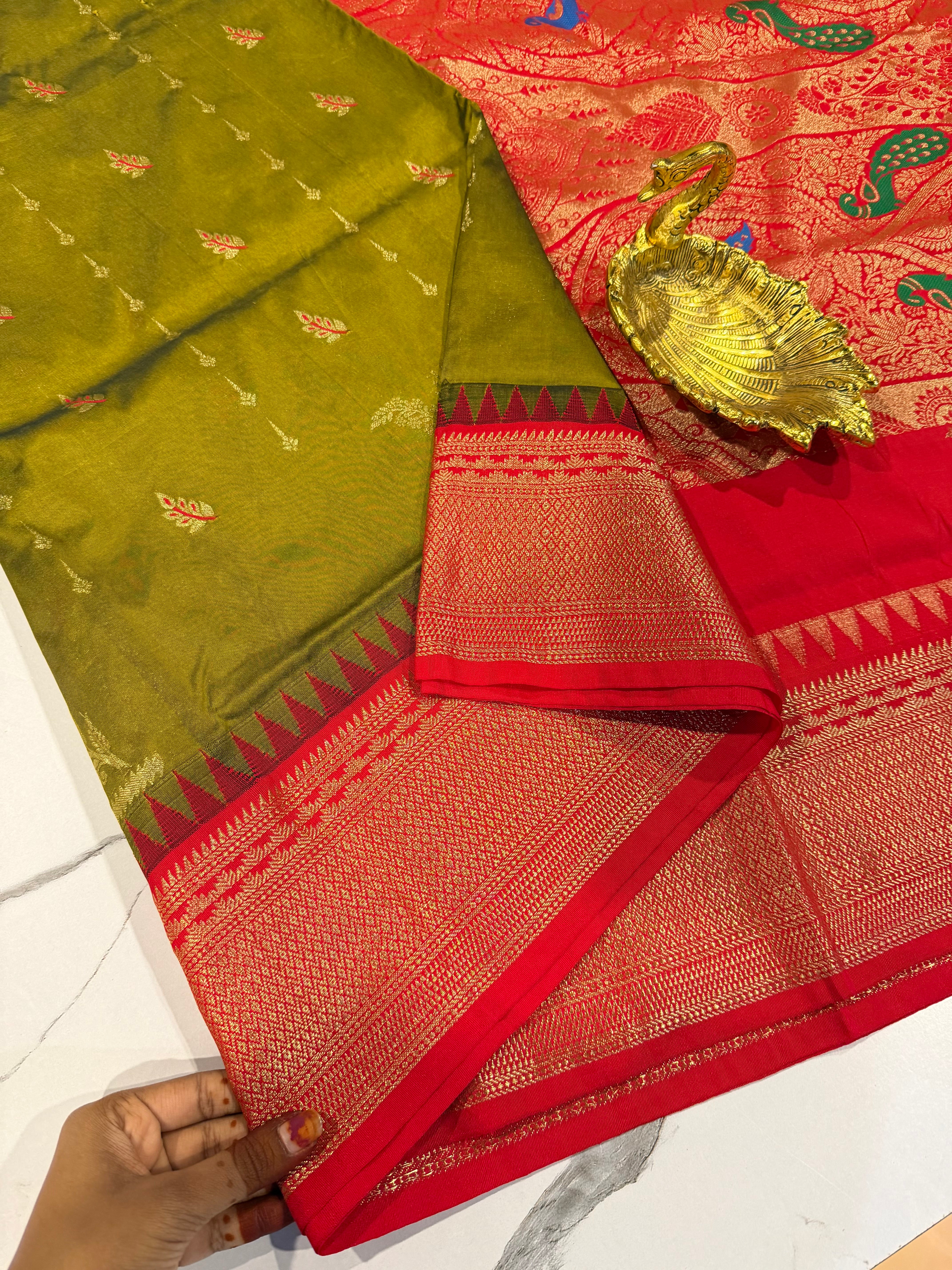 LD-NL35 semi narayanpet pattu olive green and red border saree
