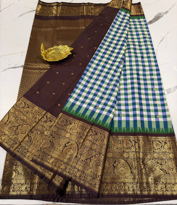 SGC-2800 semi Gadwal checks violet and brown border saree