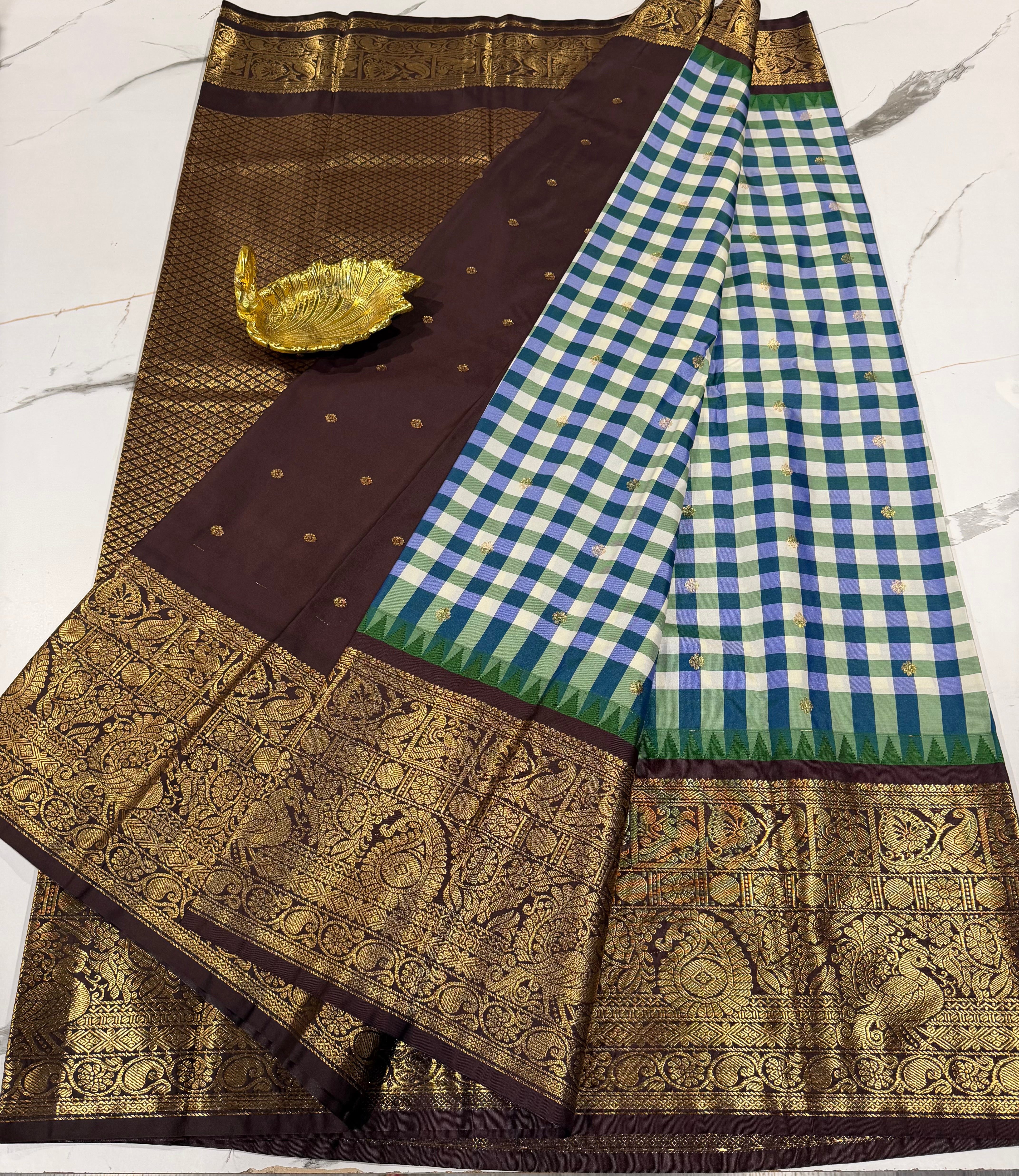 SGC-2800 semi Gadwal checks violet and brown border saree