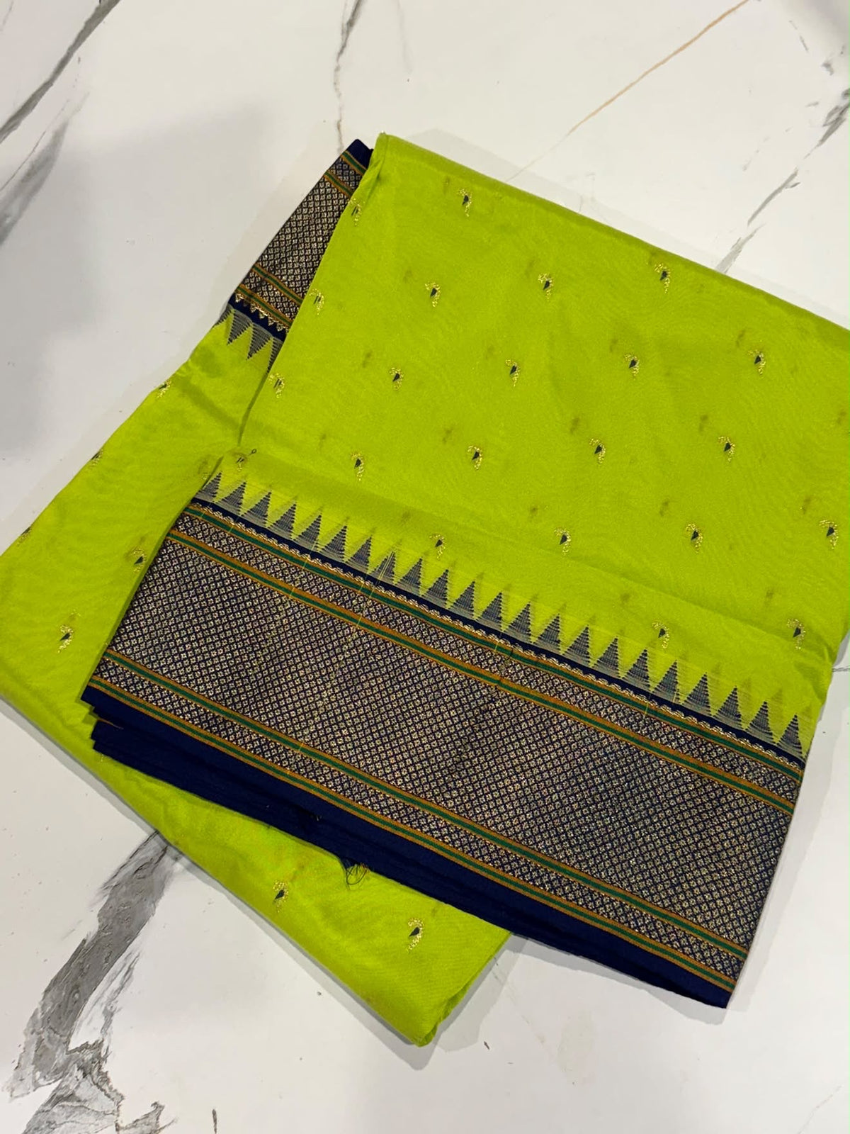 LD-N9 narayanapeta semi Pattu lime green and navy blue border muniya butta saree