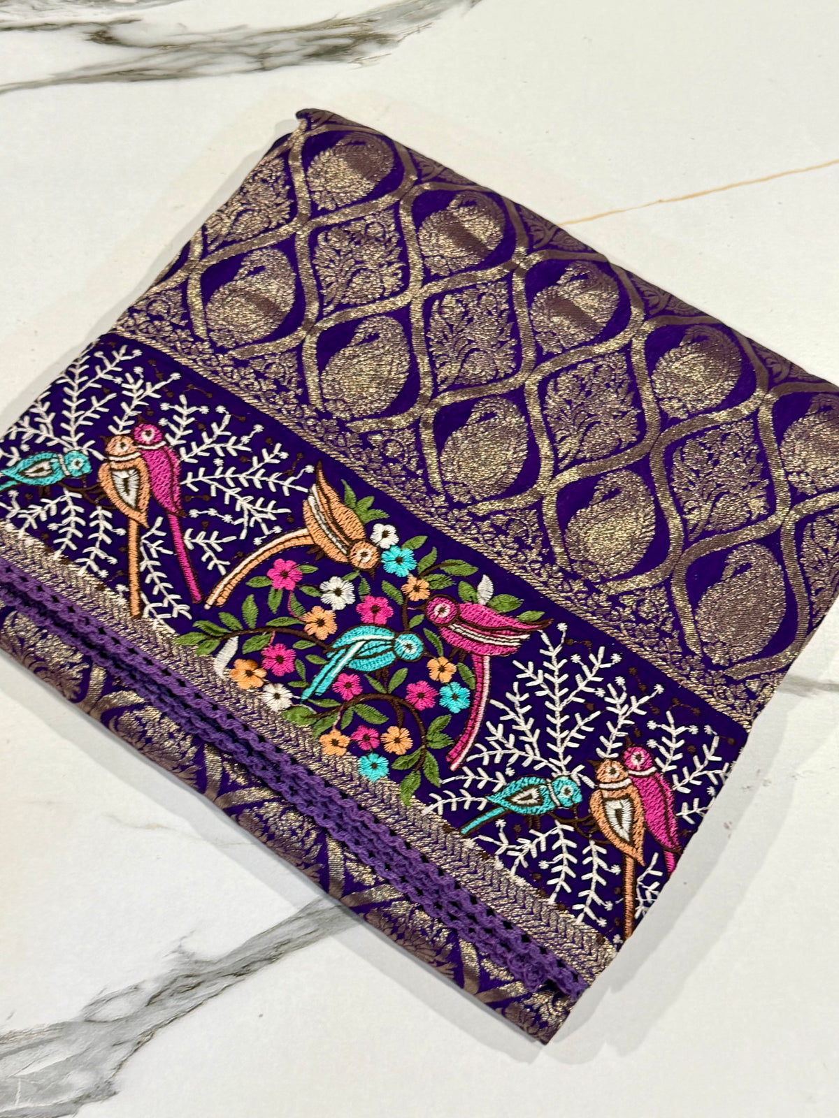 PH-3499 violet Banaras katan Pettit work saree
