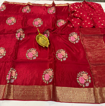 CP-27 Red saree Banaras crepe