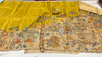 LD-T24 fancy 1gm tissue Kalamkari maggam work style saree yellow colour saree