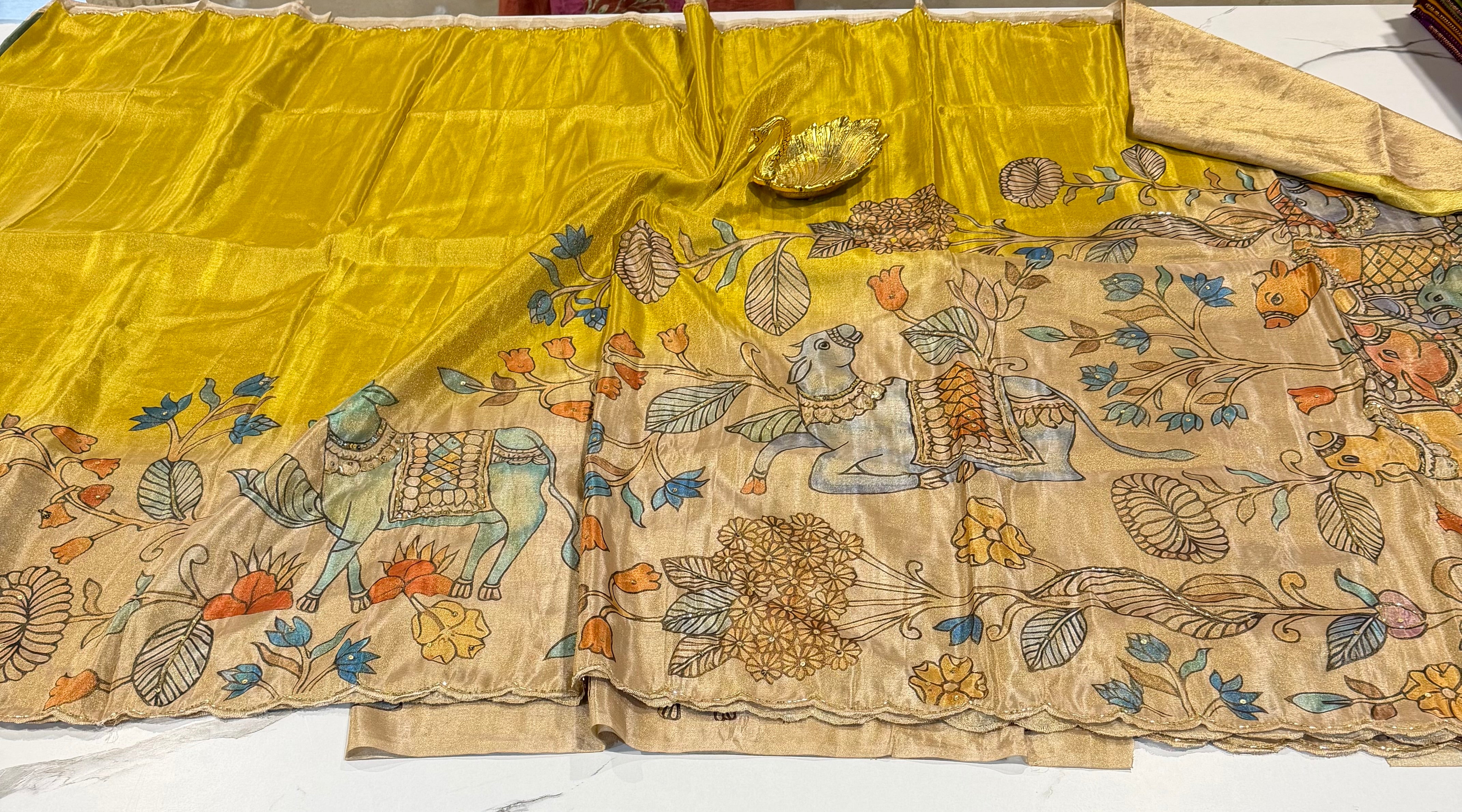 LD-T24 fancy 1gm tissue Kalamkari maggam work style saree yellow colour saree