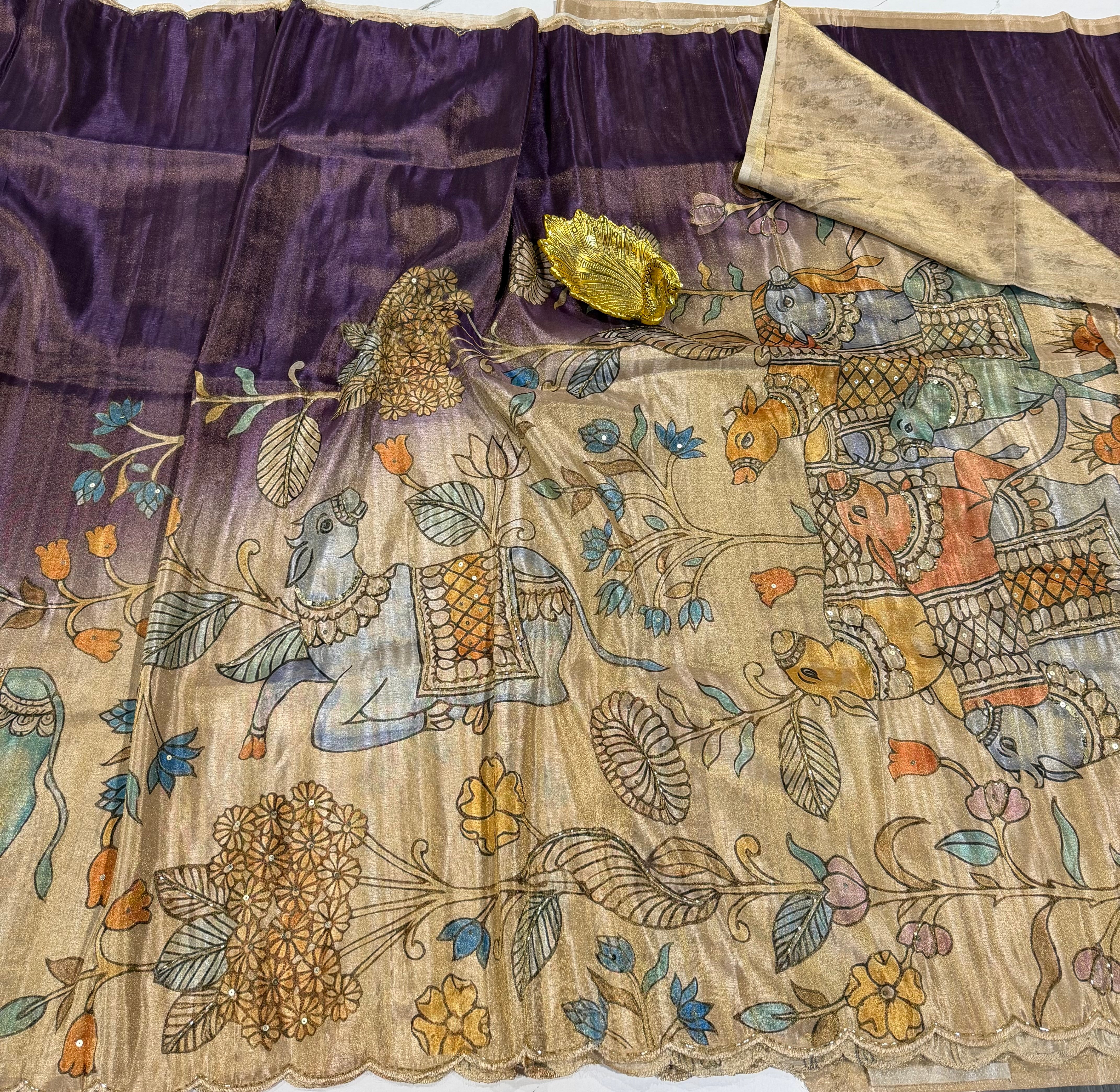LD-T24 fancy 1gm tissue Kalamkari maggam work style saree purple colour saree