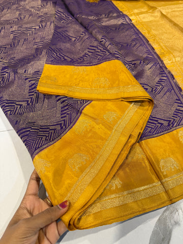 KW-2549  violet n mustard yellow border saree Kanchi green mango