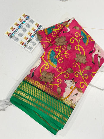 MV-6900 Rani pink n green colour Mysore pure crepe saree