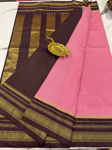 LD-N22 narayanapet pink n white checks and brown border saree