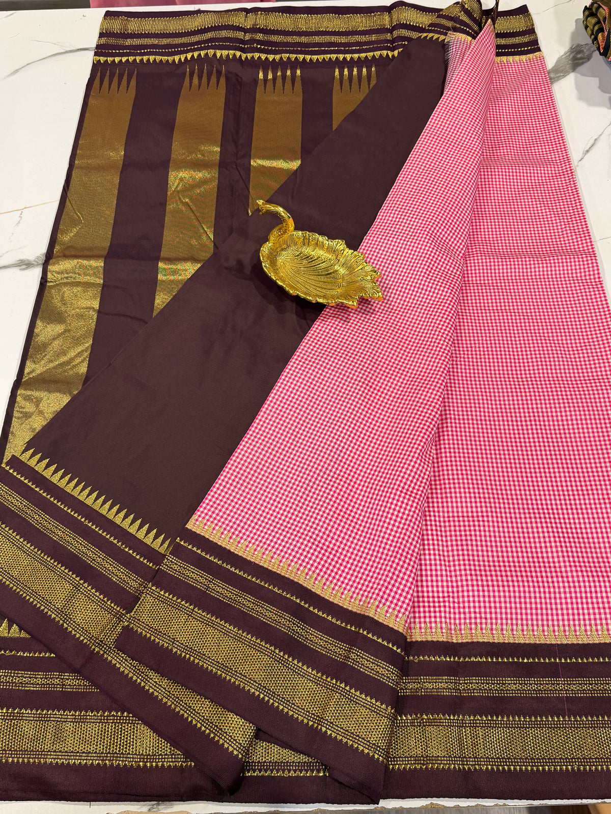LD-N22 narayanapet pink n white checks and brown border saree