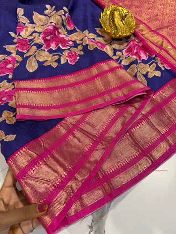 LD-M2650 dark blue n pink borders mysore crepe saree