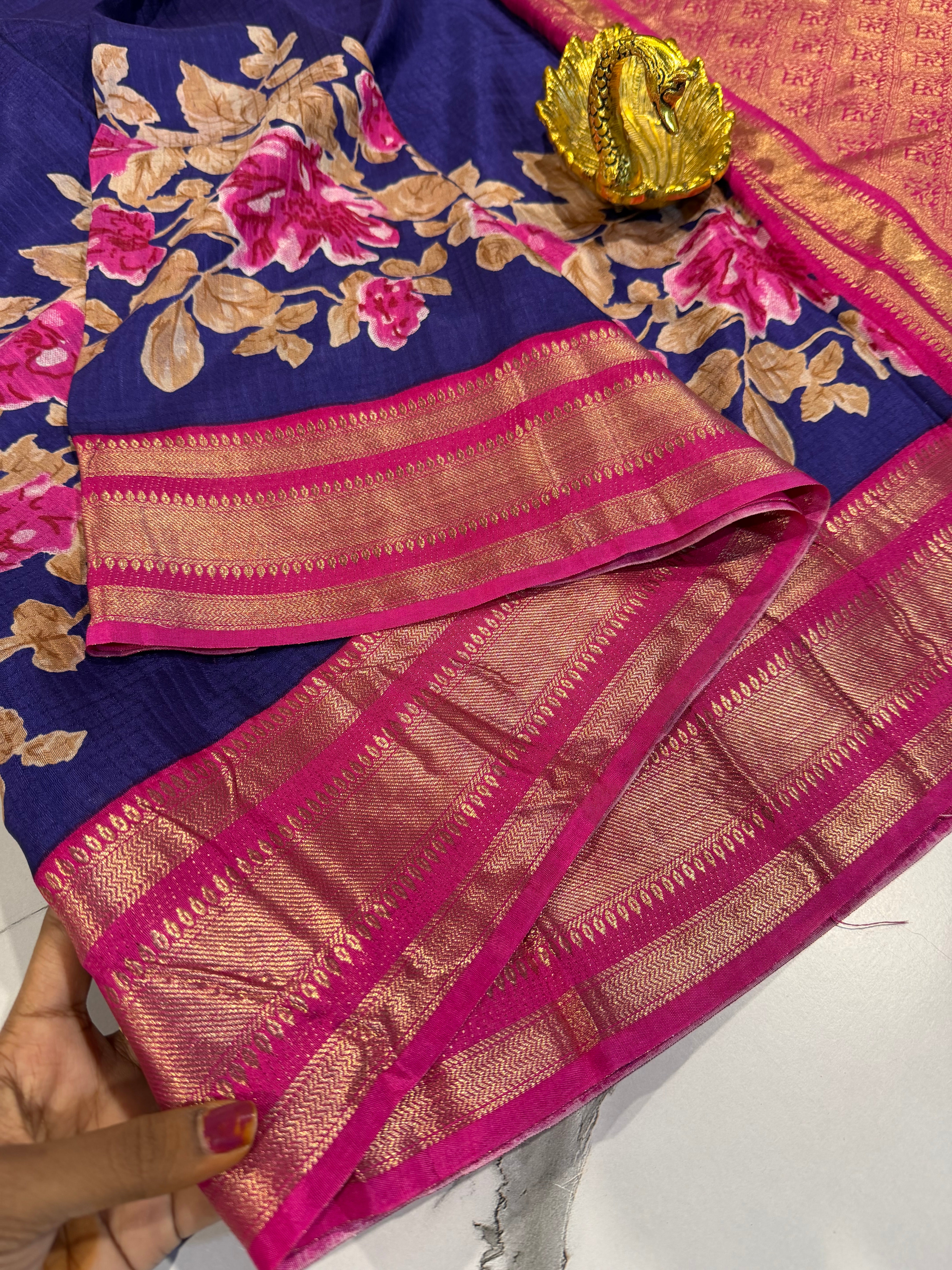 LD-M2650 dark blue n pink borders mysore crepe saree