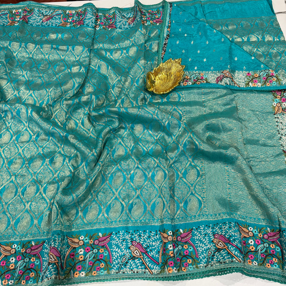 PH-3499 skyblue Banaras katan Pettit work saree