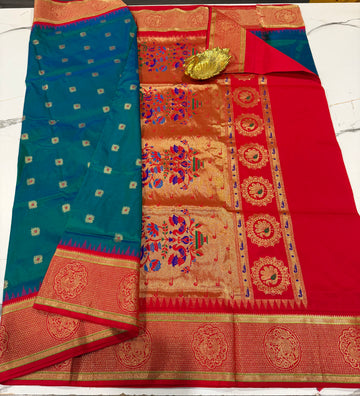 N4k peacock blue and red border saree