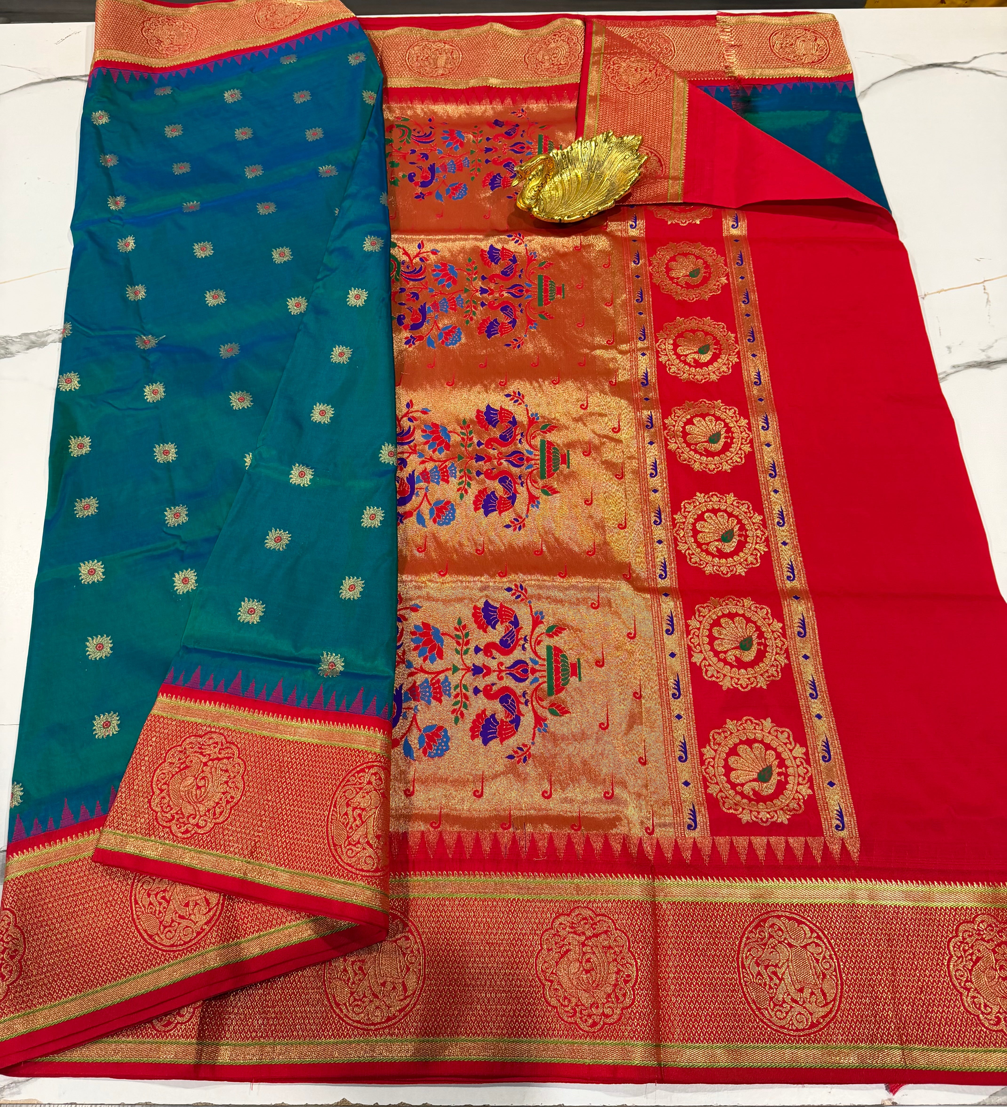 N4k peacock blue and red border saree