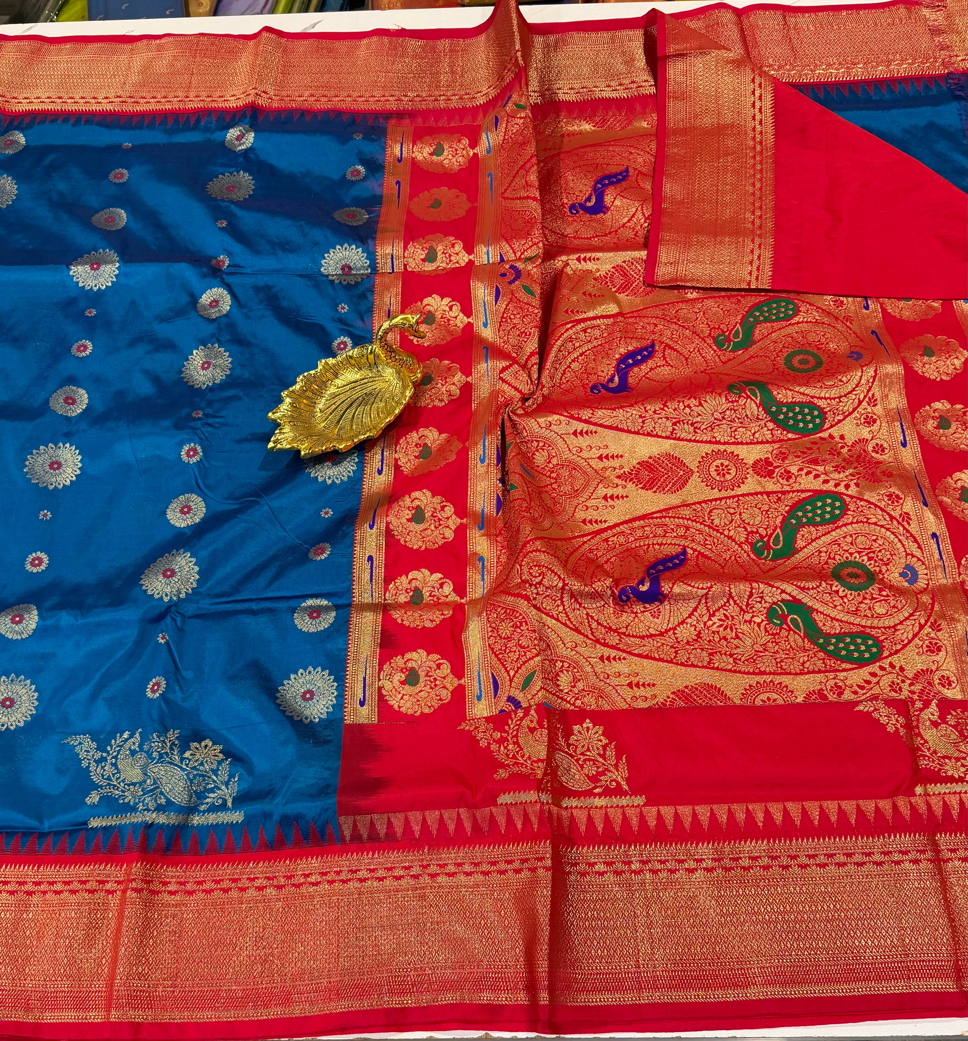SN-35 Semi narayanpet blue and red border saree