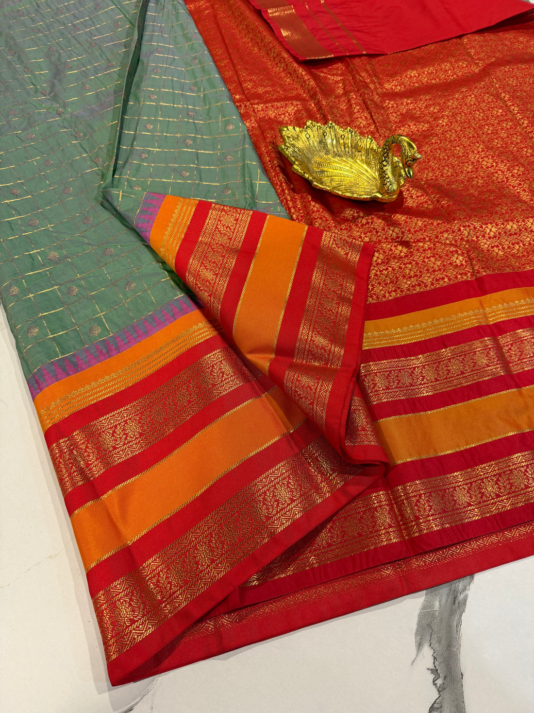 GR-2850 light sage green and gap borders semi Gadwal sarees