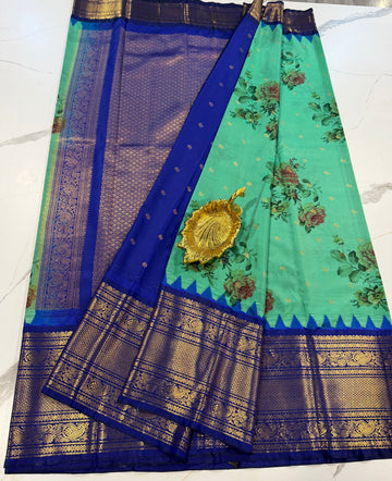 SGK-2997 seagreen n blue gadwal Kalamkari saree