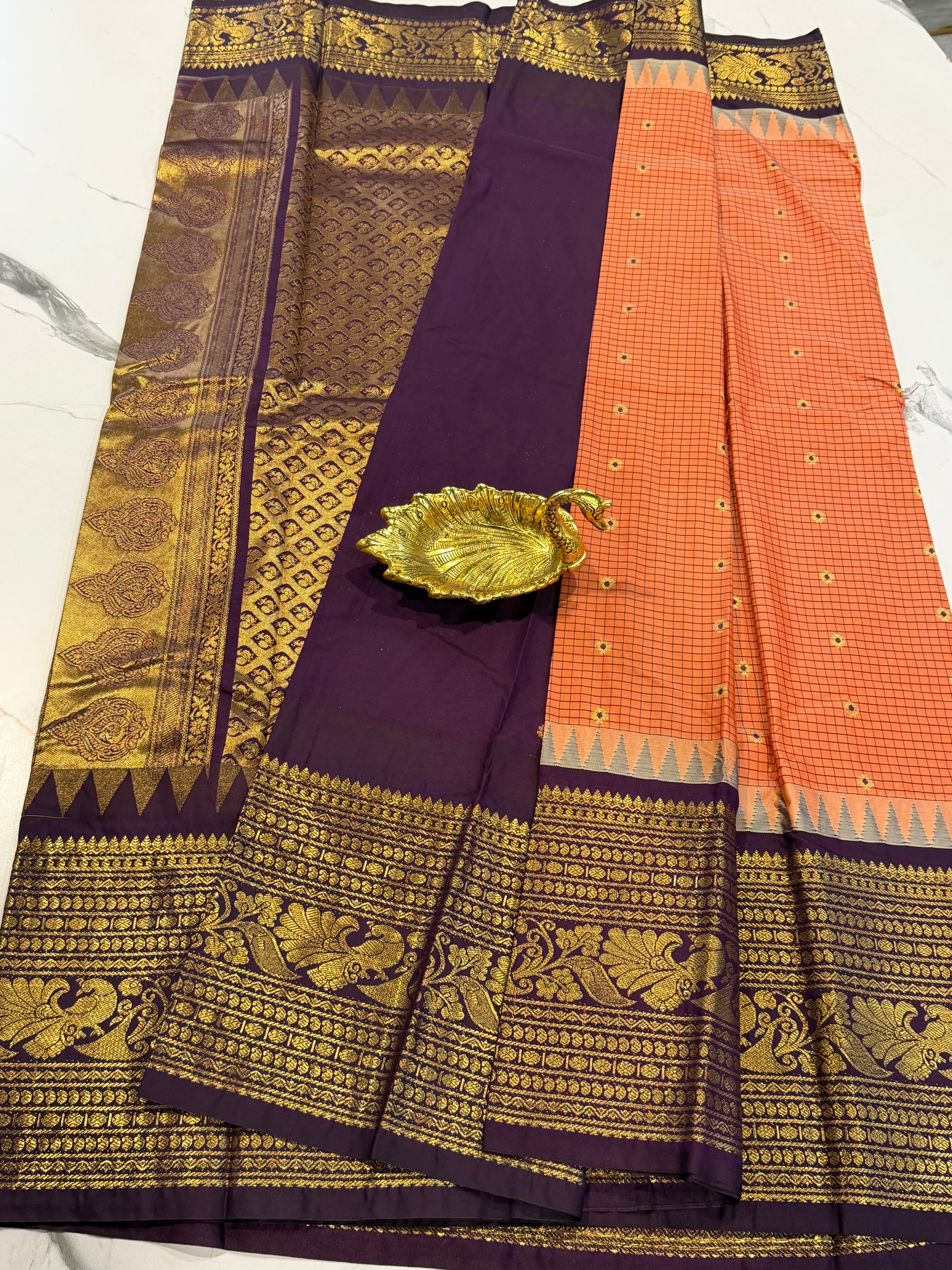 VG2 peach & brown  semi Gadwal saree