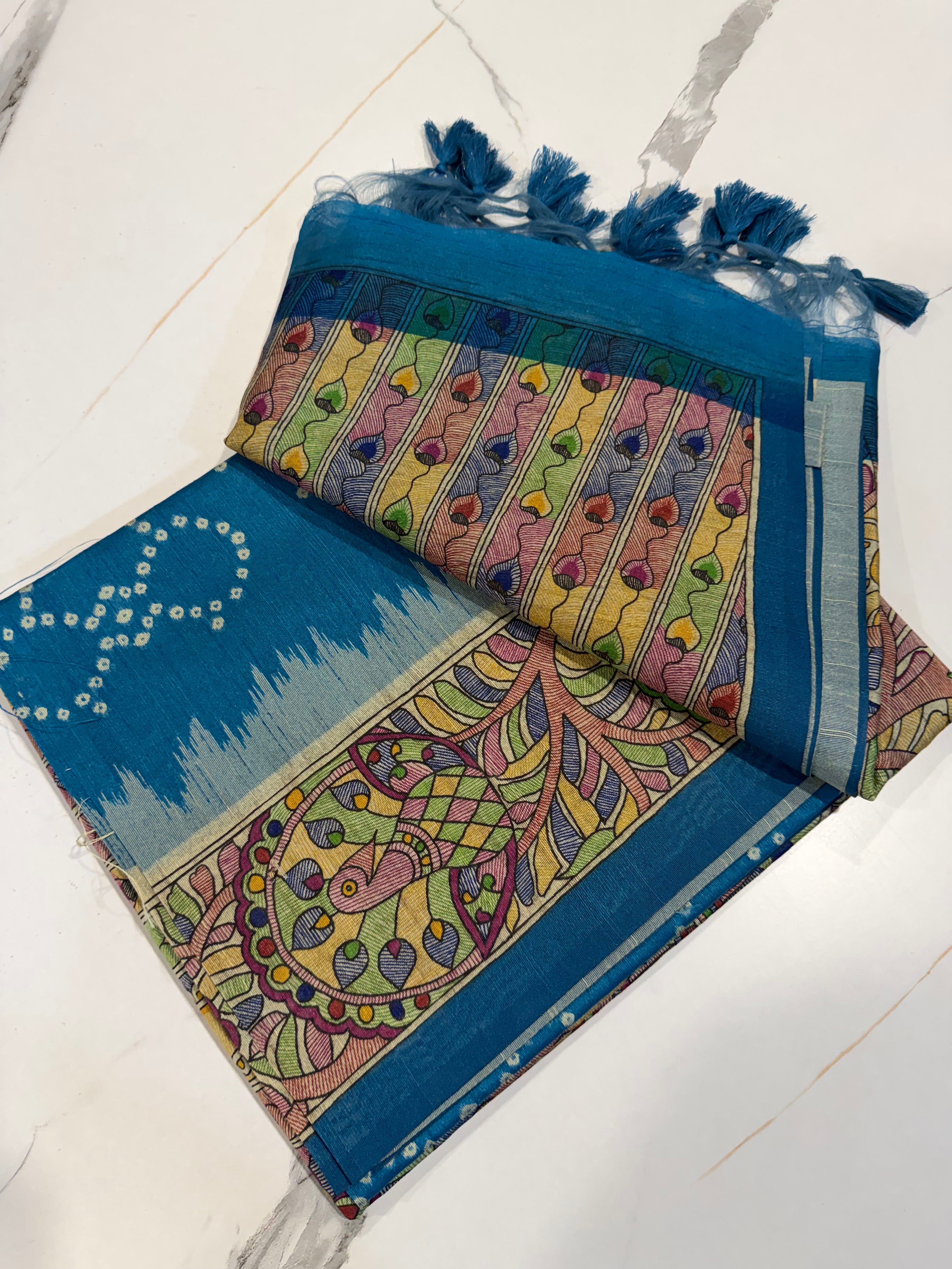 TM-9 Krishna blue  saree Tussar Bhandij
