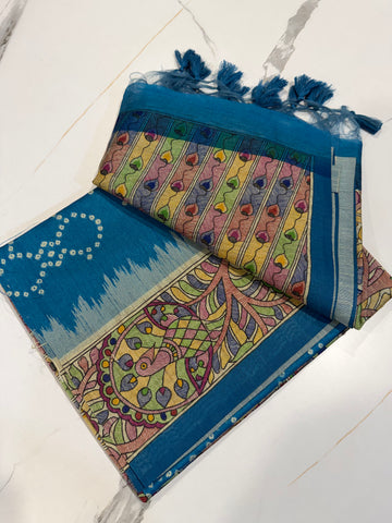 TM-9 Krishna blue  saree Tussar Bhandij