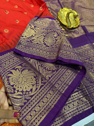 LD-G2299 vintage Semi Gadwal red and Brinjal Border with butta saree