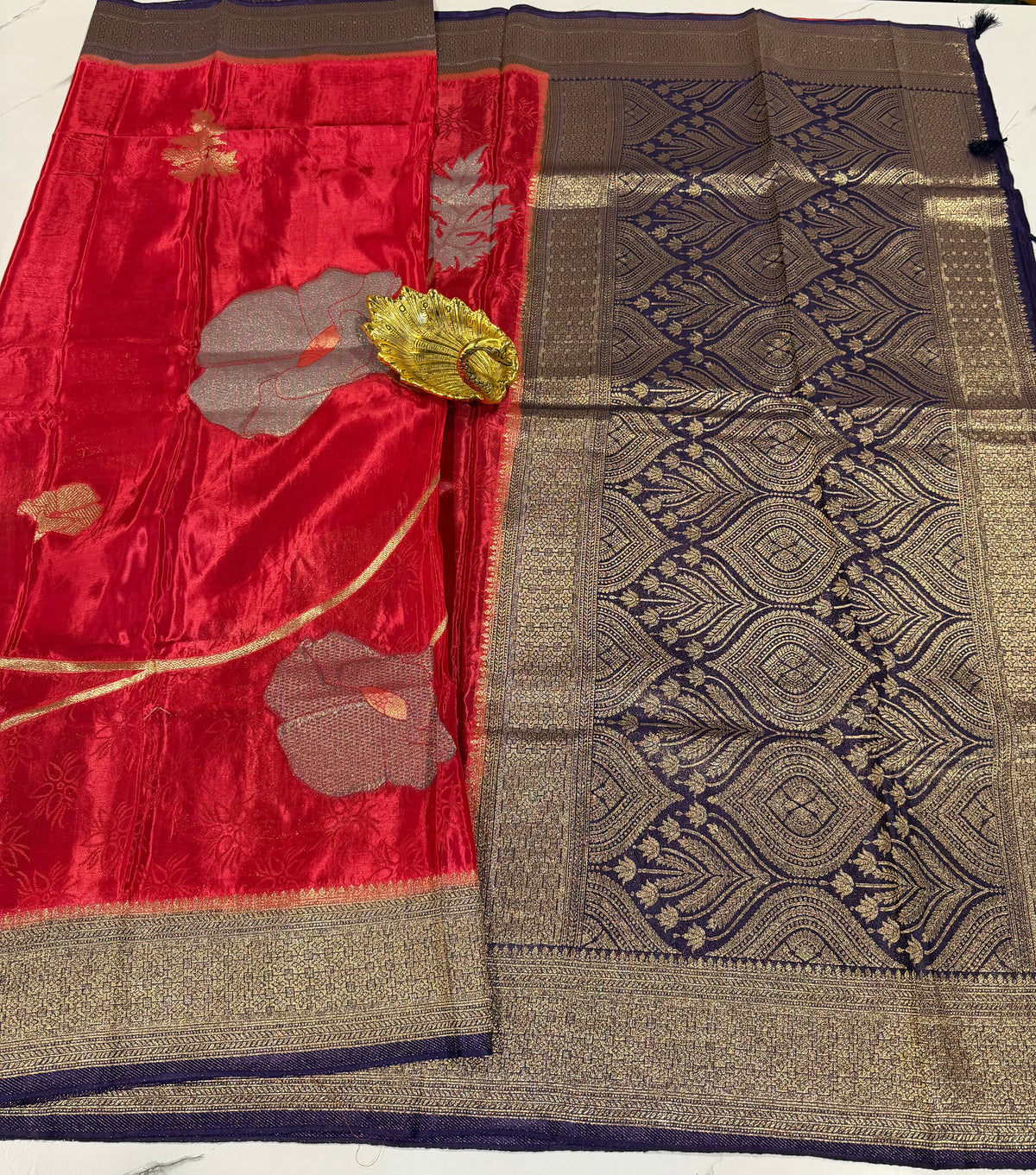 M-3300 tomoato Red n Violet Banaras crep allover weaving motifs saree
