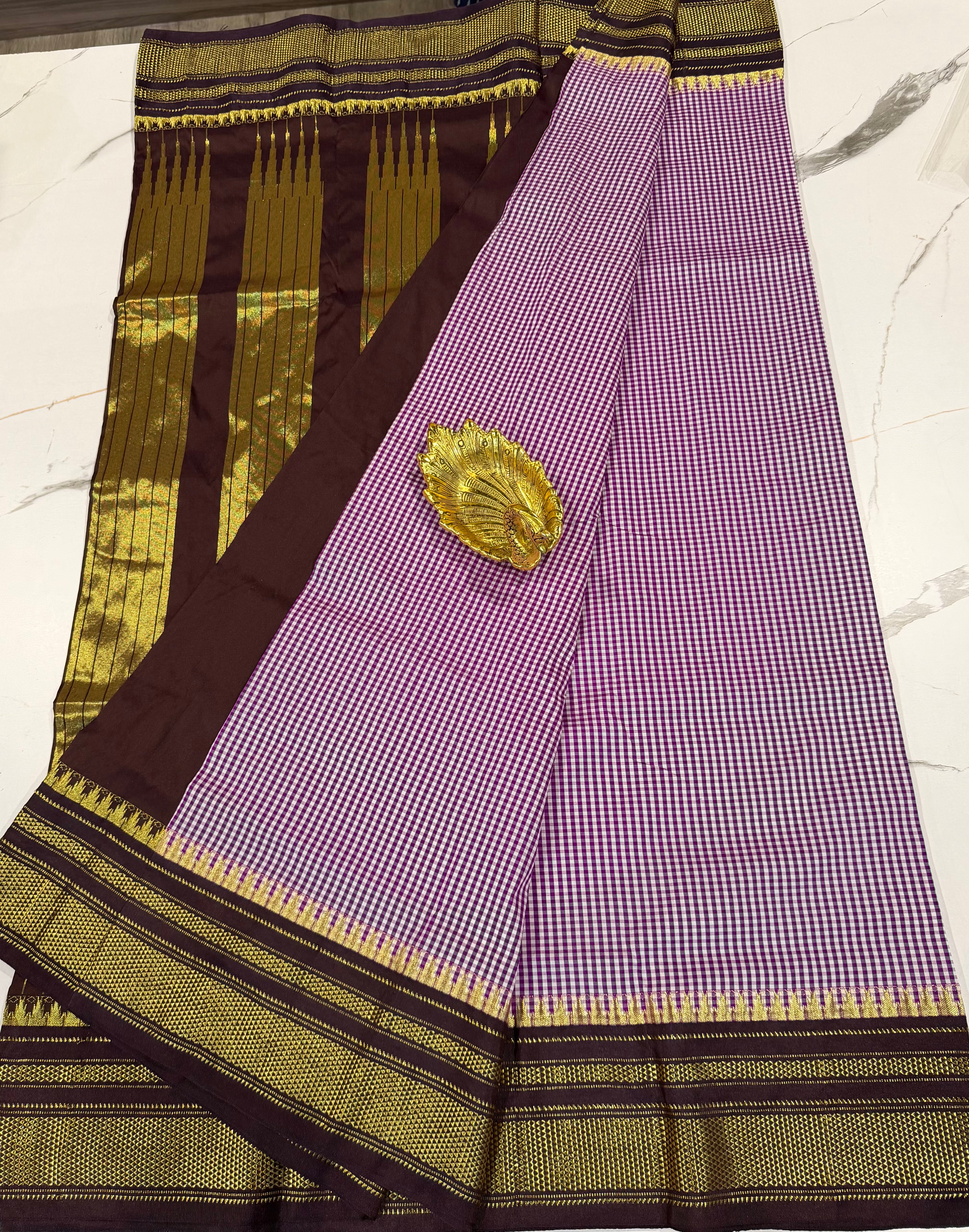 LD-N22 narayanapeta semi checks saree purple n brown colour border saree