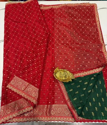 CS-2500 Red colour vintage mysore chinnon crepe scallop borders saree
