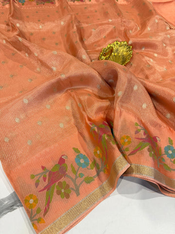 Bc-5100 peach  Banaras kora saree