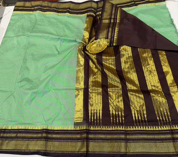 LD-N22 narayanapeta semi checks saree green and brown border